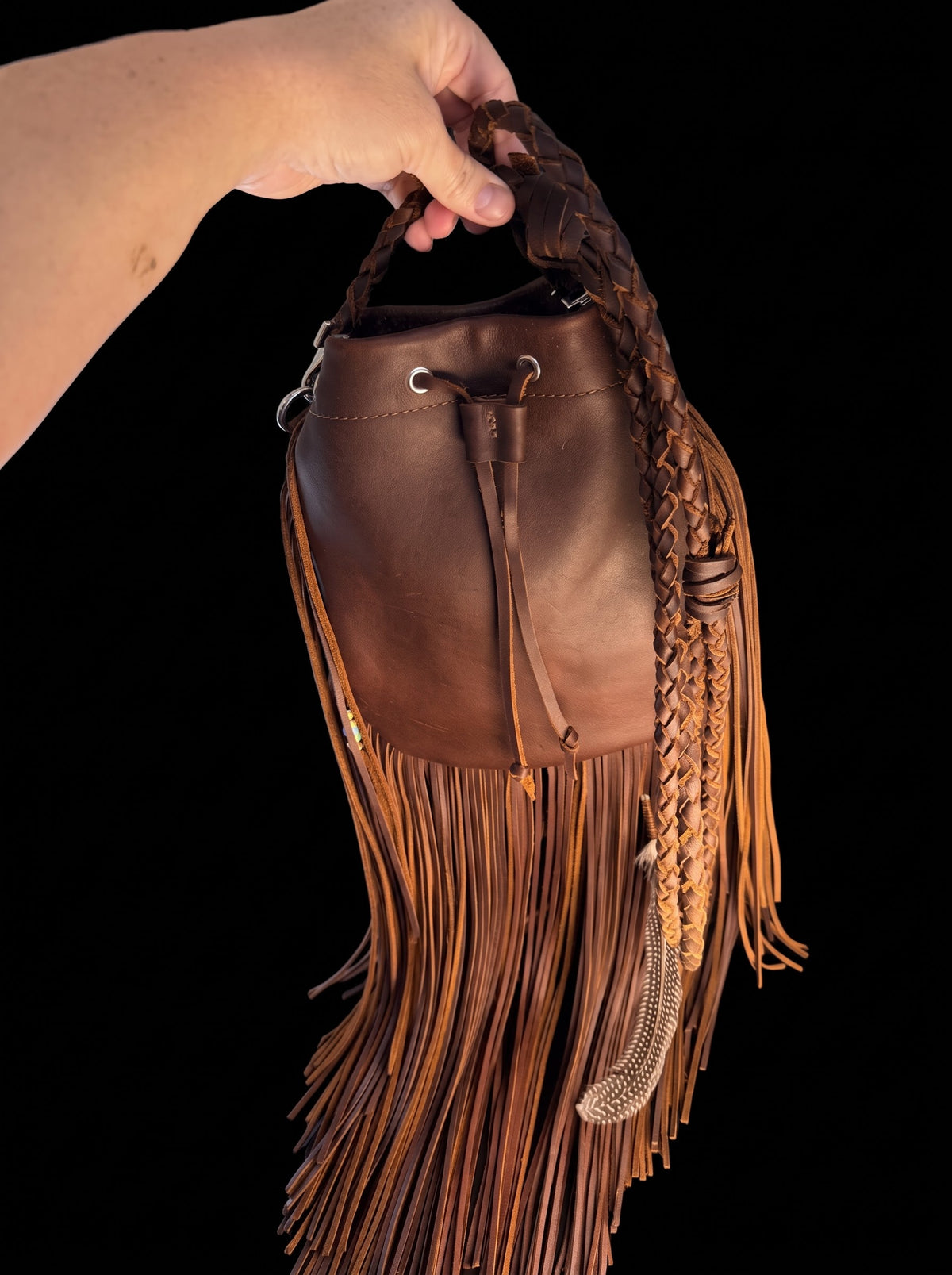 Fringe drawstring bag
