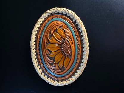 Tooled sunflower belt buckle