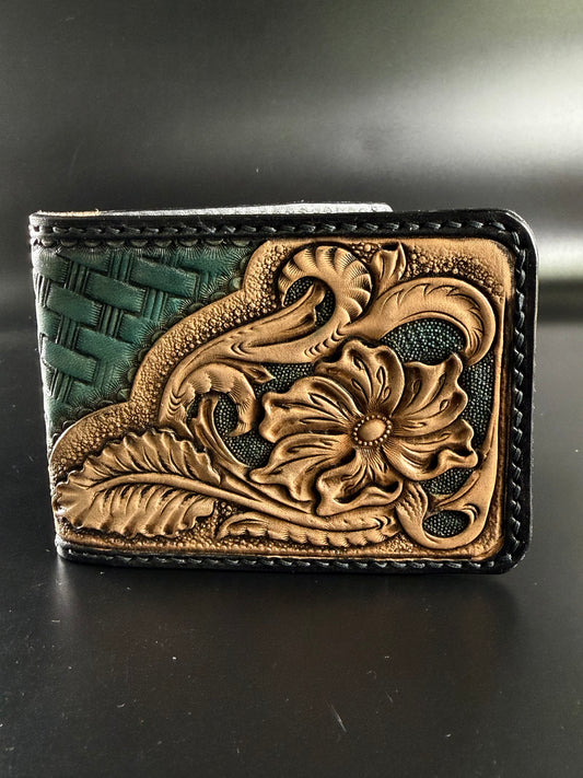 Tooled leather card wallet