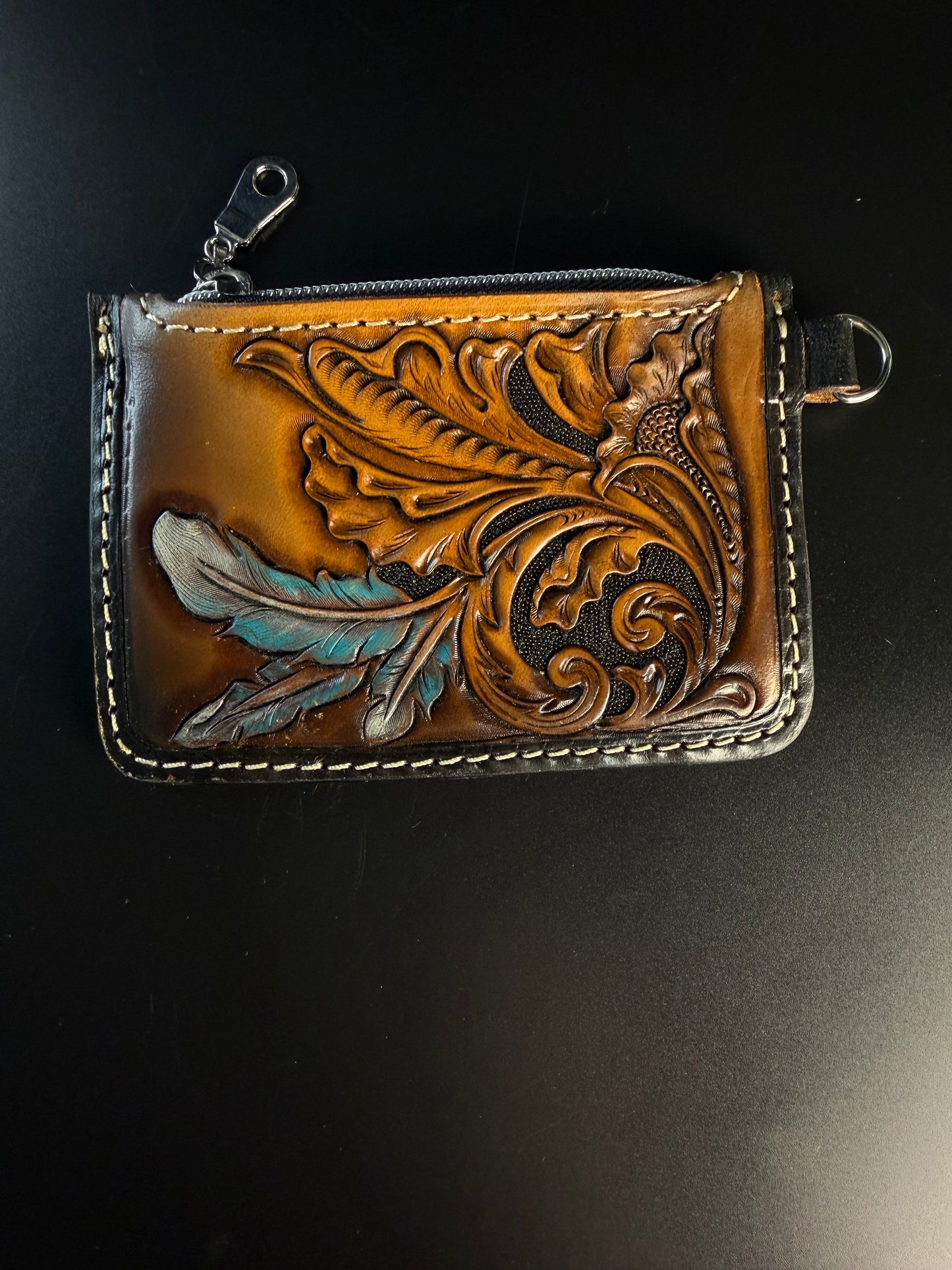 Tooled feather keychain wallet