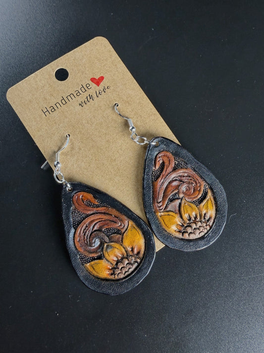 hand tooled sunflower earrings